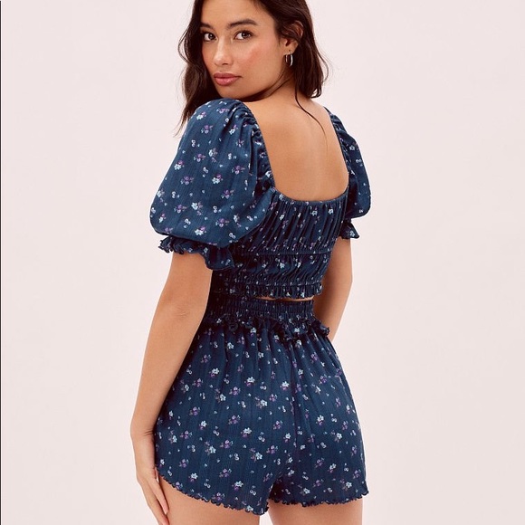 For Love And Lemons Lola Pointelle Shorts Blue Floral Small NEW - Picture 3 of 5